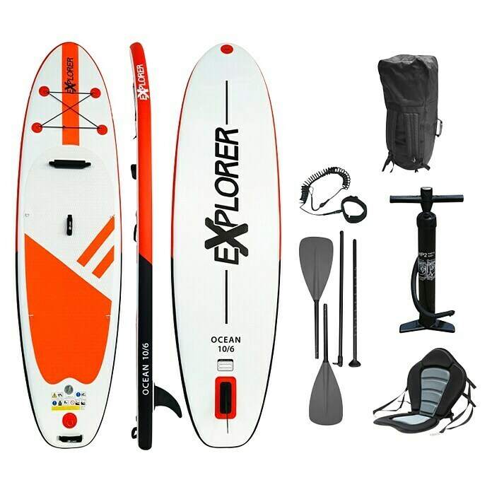 Explorer SUP-Board-Set Ocean 10.6L x B x H: 320 x 84 x 12,7 cm, Nutzlast: 130 kg, Aufblasbar, Orange/Weiß Front View