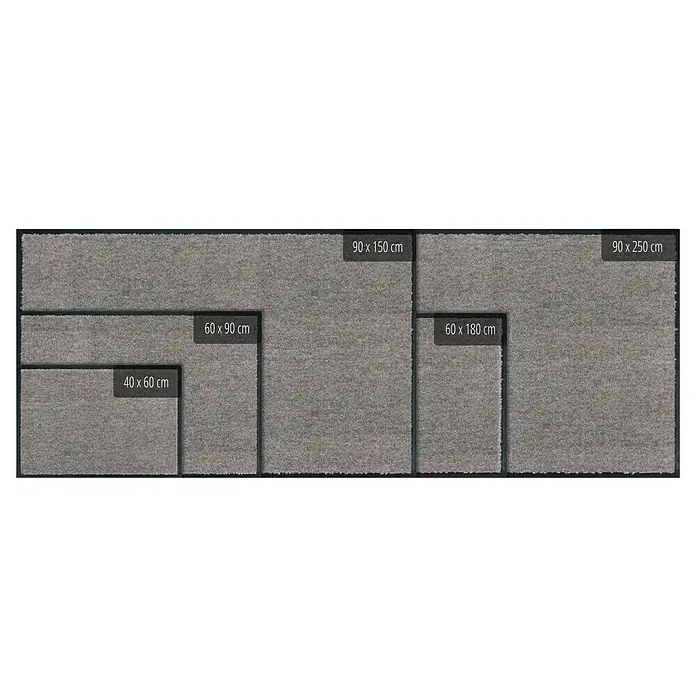 Astra Schmutzfangmatte Proper Tex - Blaugrau, 250 x 90 cm, Material Nutzschicht: 100 % Polyamid - Eine Auswahl an grauen Teppichen in verschiedenen Größen, von 40x60 cm bis 90x250 cm, dargestellt auf schwarzem Hintergrund.