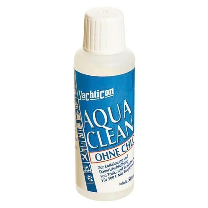 Desinfectante Aqua Clean - 50 ml - Imagen de una botella de Yachticon Aqua Clean sin cloro. Apto para esterilizar y mantener fresca el agua potable y de servicio. Contenido: 50 ml.