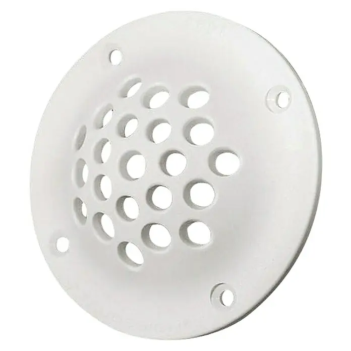 Toma de agua - Diámetro: 100 mm, PVC - Esta tapa de desagüe redonda blanca con agujeros y orificios para tornillos evita la obstrucción en baños.
