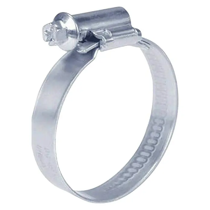 Abrazadera sin fin - 8 mm - 16 mm, Acero inoxidable - Un primer plano de una abrazadera de manguera plateada con un tornillo de ajuste, utilizada para fijar mangueras a accesorios.