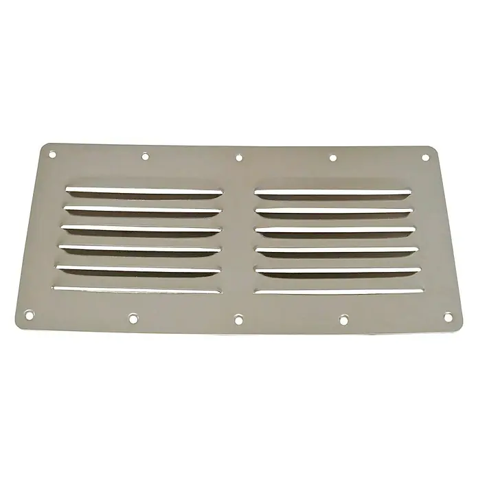 Rejilla de ventilación - L x An x Al: 230 x 115 x 8 mm, Acero inoxidable - Primer plano de una rejilla de ventilación plateada y rectangular con ranuras horizontales y orificios de montaje alrededor de los bordes.