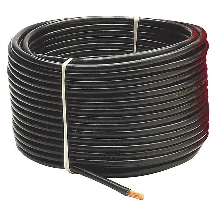 Cable eléctrico - Sección del núcleo: 10 mm², Largo: 100 m - Un rollo de cable eléctrico negro, sujeto con una abrazadera. El extremo del cable está pelado, mostrando el cobre.