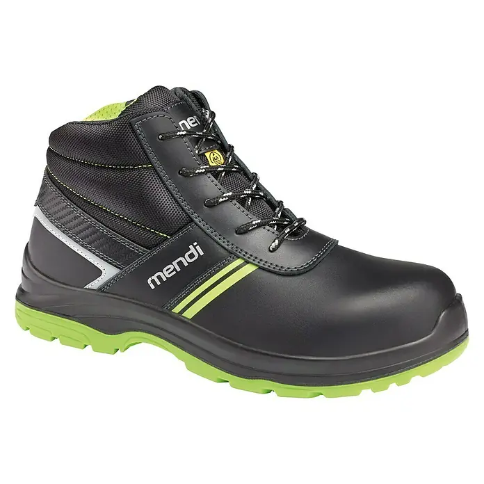Mendi Botas de seguridad Electra - Talla de pie: 38, S3 - Zapato de seguridad negro Mendi con suela y detalles en verde neón, diseñado para uso profesional.