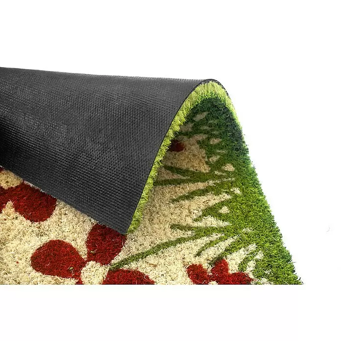 Astra Coco Fußmatte Style - 40 x 60 cm, Bunt, Material Nutzschicht: 100 % Kokos, Blumenwiese, Kokos - Teilweise gerollte Kokosfasermatte mit rotem Blumen- und grünem Blattmuster, die die schwarze Gummirückseite zeigt.