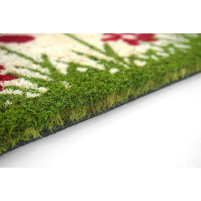Astra Coco Fußmatte Style - 40 x 60 cm, Bunt, Material Nutzschicht: 100 % Kokos, Blumenwiese, Kokos - Nahaufnahme einer Fußmatte mit roten Blumen und grünen Gräsern. Die Matte hat eine raue Textur und einen schwarzen Gummirand.