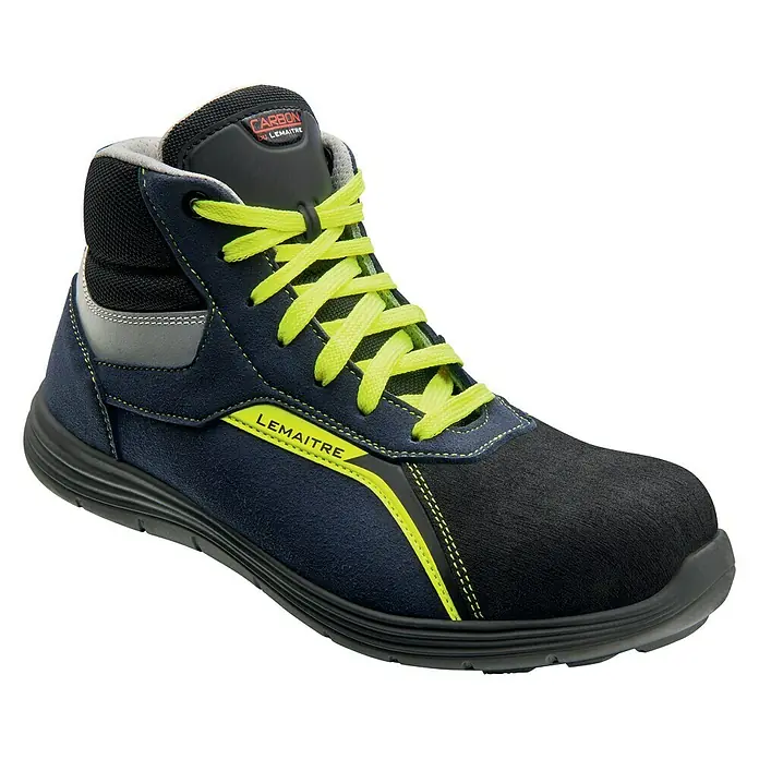 Lemaitre Botas de seguridad Fabio - 44, Clase de protección según EN ISO 20345: S3, Negro y amarillo - En la imagen, una bota de seguridad Lemaitre con cordones amarillos para mayor protección y comodidad en el trabajo.