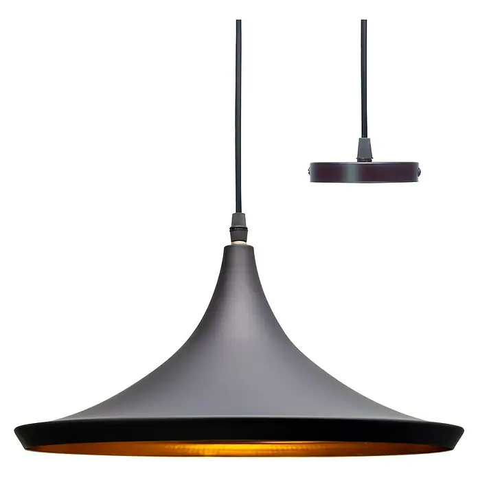 Alverlamp Lámpara colgante redonda circular Plana - 60 W, Ø x Al: 36 x 19 cm, Negro, Negro, E27 - Esta foto muestra una lámpara colgante gris moderna con un interior dorado sobre un fondo negro neutro.