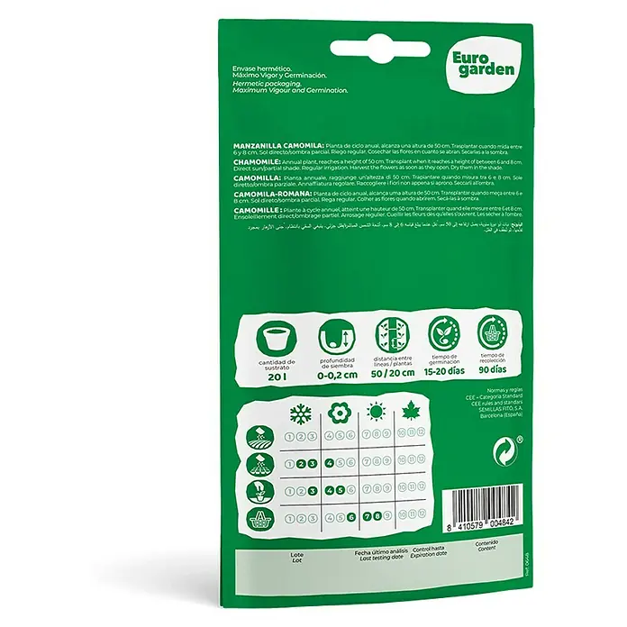 Euro Garden Semillas de hierbas Manzanilla camomila - Tiempo de siembra: Febrero, Cosecha: Junio - Instrucciones para plantar manzanilla.