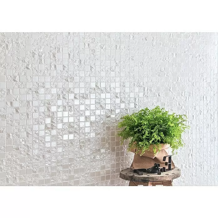 Mosaikfliese Gaku CG GA2 - 31,6 x 31,6 cm, Weiß, Glänzend - Weiße Mosaikwandfliesen mit einer Mischung aus glatten und strukturierten Quadraten.