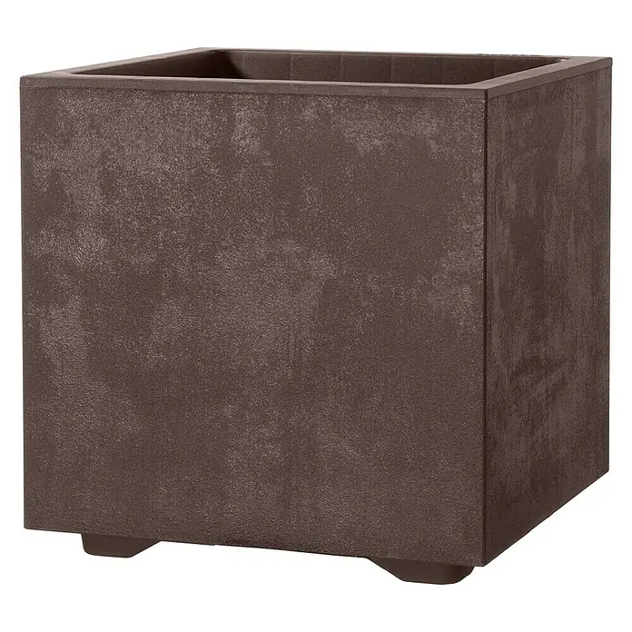 Deroma Millennium Pflanzkübel eckig - L x B x H: 25 x 25 x 25 cm, Kunststoff, Brownstone - Brauner quadratischer Pflanzkübel mit rustikaler Textur, ideal für Innen- und Außenbereiche. Er ist robust und ein Blickfang für Pflanzenliebhaber.