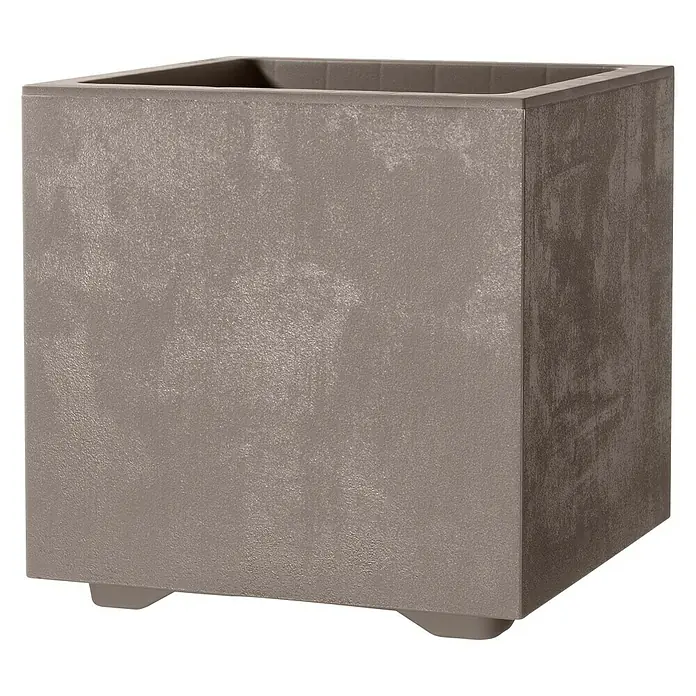 Deroma Millennium Pflanzkübel eckig - L x B x H: 25 x 25 x 25 cm, Kunststoff, Sand - Nahaufnahme eines quadratischen Pflanzkübels in Grau mit strukturierter Oberfläche und kleinen Füßen.