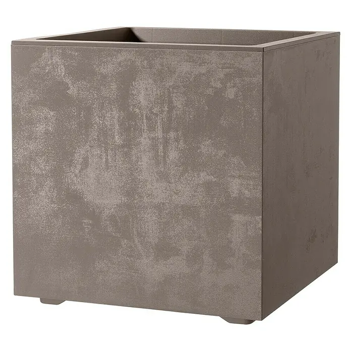 Deroma Millennium Pflanzkübel eckigL x B x H: 39 x 39 x 39 cm, Kunststoff, Sand - Nahaufnahme eines quadratischen Pflanzgefäßes in Terrakotta mit rustikaler Textur.