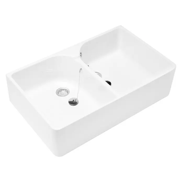 Villeroy & Boch O.novo Ausgussbecken - 79,5 x 50 cm, Beschichtet, Keramik - Nahaufnahme eines weißen Doppelspülbeckens, das die Funktionalität und das moderne Design für jede Küche hervorhebt.