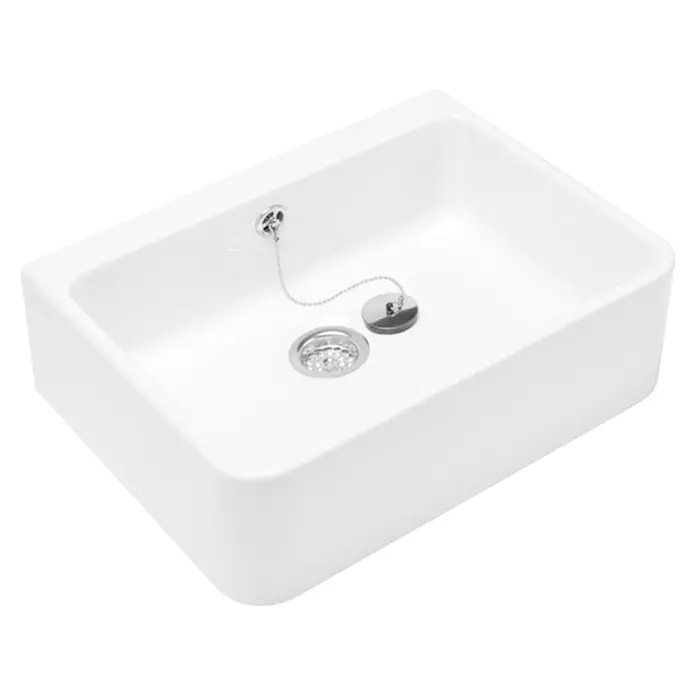 Villeroy & Boch O.novo Ausgussbecken - 59,5 x 50 cm, Beschichtet, Keramik - Das Bild zeigt ein Waschbecken aus weißer Keramik mit einem Abflussstopfen und einer Kette. Das Becken hat eine rechteckige Form.