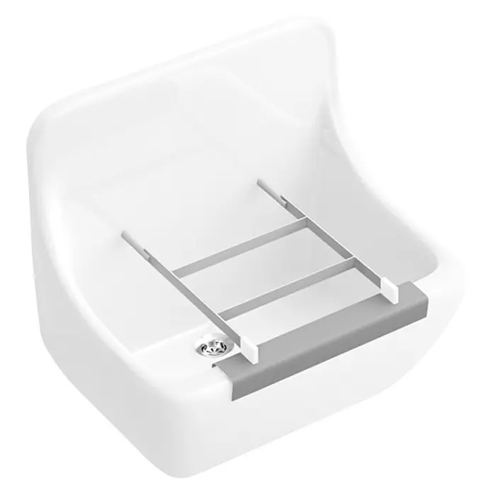 Villeroy & Boch O.novo Ausgussbecken - 45 x 35 cm, Keramik - Das Bild zeigt ein weißes Spülbecken mit integriertem Spülregal. Das Regal ist silbern und bietet Platz für Geschirr oder andere Gegenstände.