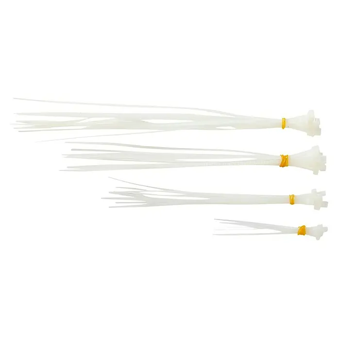 Voltomat Kabelbinder-Set - Natur, 41 -tlg. - Mehrere Bündel weiße Kabelbinder unterschiedlicher Größe, die mit gelben Gummibändern zusammengehalten werden.