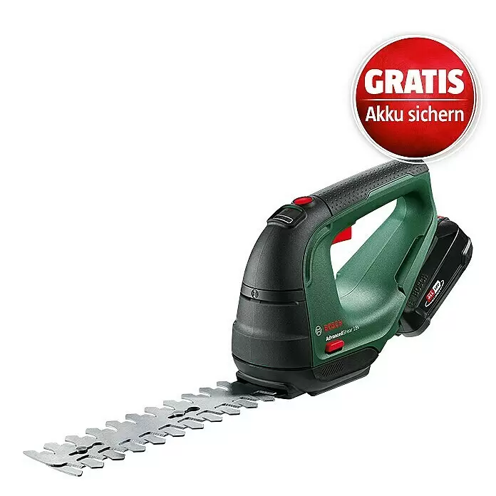 Bosch Power for All 18V Akku-Gras- & Strauchschere AdvancedShear 18V-10 - 18 V, Li-Ionen, 1 Akku, Schwertbreite: 10 cm - Grüne und schwarze Bosch Akku-Strauchschere mit Metallklinge und Akku.