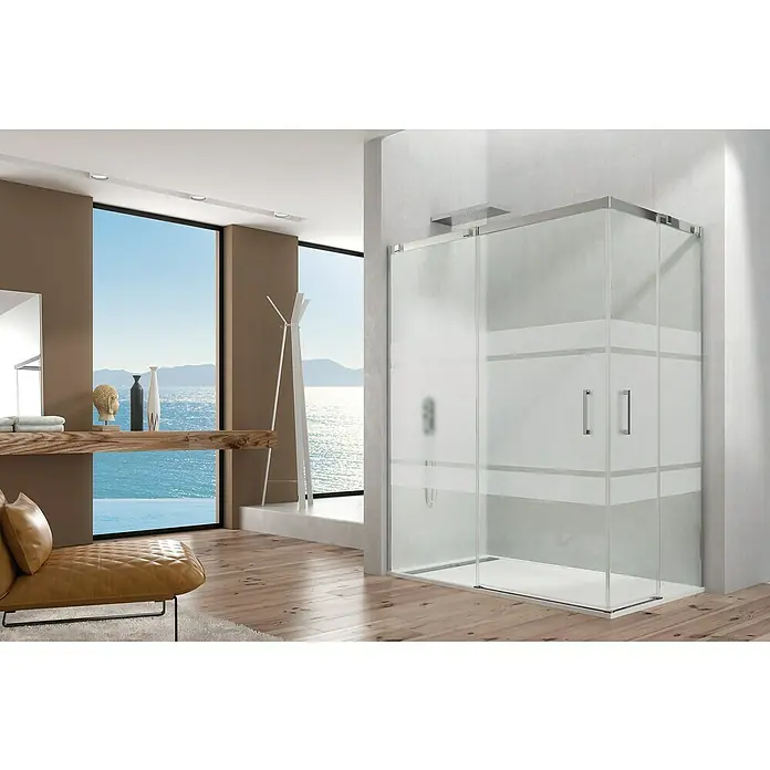GME Mampara de ducha esquinera Temple Angular - L x An x Al: 80 x 80 x 195 cm, Plata brillo, Vidrio serigrafiado - Cabina de ducha con puertas correderas. Diseño de baño moderno con vista al mar y mobiliario elegante.