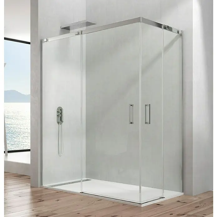 GME Mampara de ducha esquinera Temple Angular - L x An x Al: 80 x 80 x 195 cm, Plata brillo, Vidrio transparente - Cabina de ducha elegante con vidrio transparente y herrajes cromados, que realza un diseño moderno de baño y crea una sensación de amplitud.