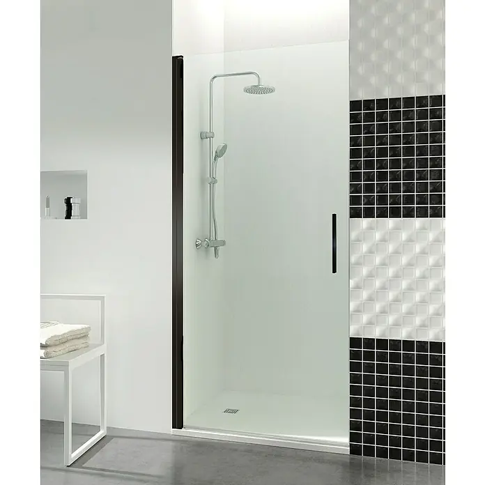 GME Mampara de ducha frontal Open Combi A - 70 x 195 cm, Vidrio transparente, Negro - Elegante diseño de cabina de ducha con pared de mosaico y accesorios modernos para un ambiente de baño elegante.