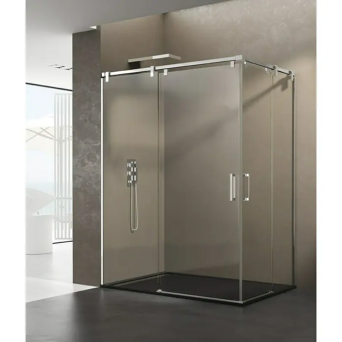 GME Mampara de ducha esquinera Futura Angular - L x An x Al: 70 x 75 x 200 cm, Plata brillo, Vidrio transparente - Elegante cabina de ducha con vidrio transparente y accesorios plateados, que combina diseño moderno y funcionalidad. La base de ducha oscura aporta un toque de estilo.