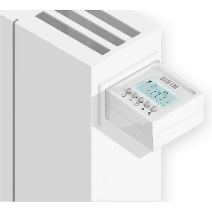 HJM Emisor térmico Ava - 1.500 W, Blanco, 7,5 x 67,2 x 50 cm, Cerámico - Primer plano de un radiador blanco con un termostato digital para el control de la temperatura.
