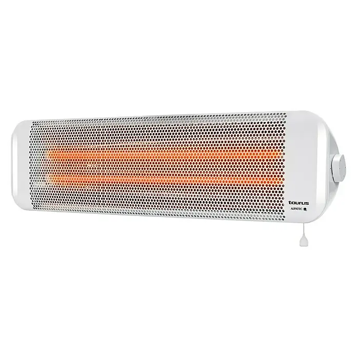 Taurus Estufa de cuarzo Bagno 2Q - 1.200 W, 9,6 x 61 x 16 cm, Blanco - Un calentador Taurus Alaptec horizontal blanco con un elemento calefactor naranja visible a través de una rejilla.