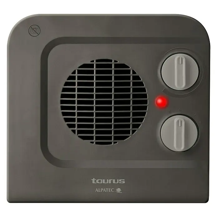 Taurus Calefactor de aire Java - 1.000 kW - 2.000 kW, Gris - La imagen muestra un calefactor de ventilador Taurus Alpatec gris con dos mandos giratorios y una luz roja.