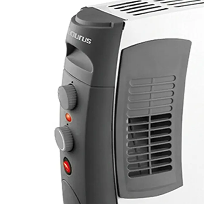 Taurus Convector Turbo - 2.000 W, Habitaciones de hasta 20 m², Blanco/Negro - Primer plano de un calentador Taurus blanco y gris, mostrando los controles y las rejillas de ventilación para una eficiente distribución del calor.