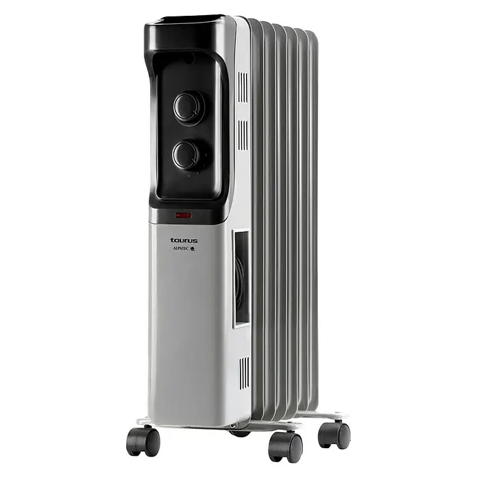 Taurus Ölradiator New Dakar - 1.500 W, Raumgröße bis ca. 15 m², Weiß - Nahaufnahme eines Taurus Alpatec Ölradiators, ideal für die Beheizung von Wohnräumen. Er bietet regulierbare Wärme und Mobilität durch Rollen.