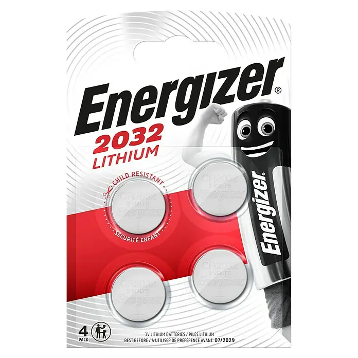 Energizer Knopfzelle CR 2032 - CR2032, 3 V, 4 Stk. - Packung Energizer 2032 Lithium Batterien, 3V, mit Kindersicherung und Haltbarkeitsdatum 07/2029. Enthält 4 Batterien.