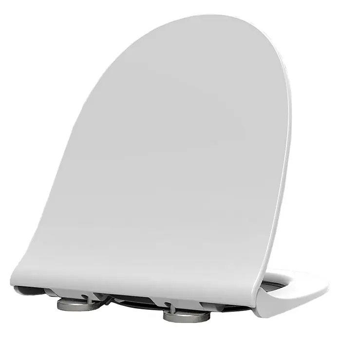 Tapa de WC London - Termoplástico, Blanco, Con caída amortiguada - Primer plano de un asiento de inodoro blanco con tapa sobre un fondo negro. Diseño elegante y moderno para tu baño.