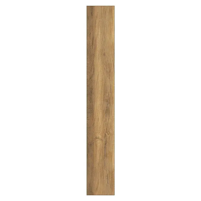 LOGOCLIC Laminatmuster Vinto Eiche Toledo - 297 x 195 x 1 mm, Landhausdiele - Detailaufnahme einer Holzfliese in warmen Brauntönen mit Maserung und Rissen für eine natürliche Optik.