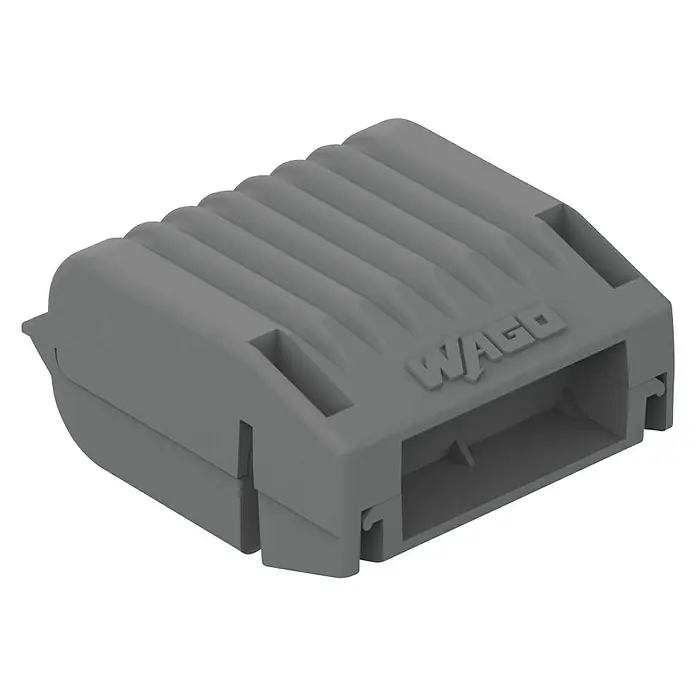 Wago Gelmuffe 207-1331 Größe 1 - 4 Stk., Schutzart: IPX8 - Bild eines WAGO-Klemmenblocks in Grau, der eine zuverlässige und effiziente Verbindungslösung für elektrische Installationen bietet.