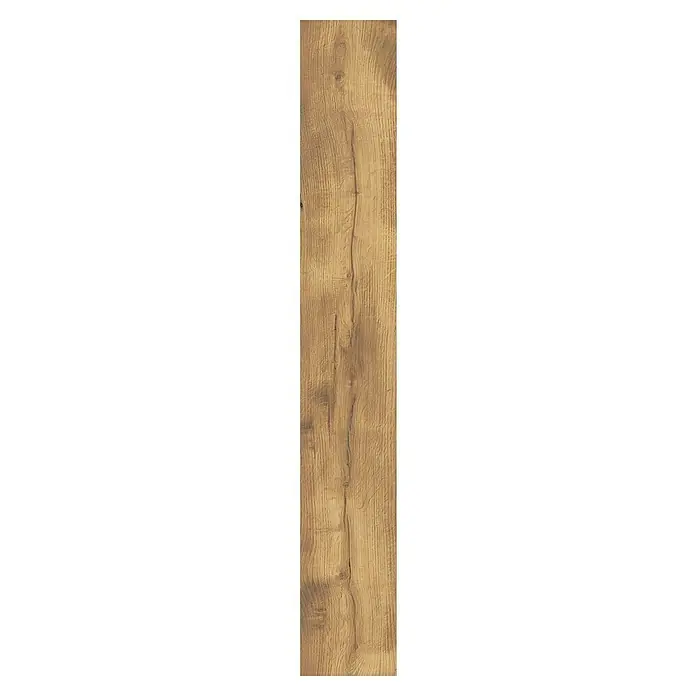 LOGOCLIC Vinto Laminat - Eiche Toledo, Landhausdiele, 1.288 x 195 x 10 mm - Detailaufnahme einer Holzplatte mit auffälliger Maserung und einem natürlichen, warmen Farbton. Ideal für rustikale Designprojekte.