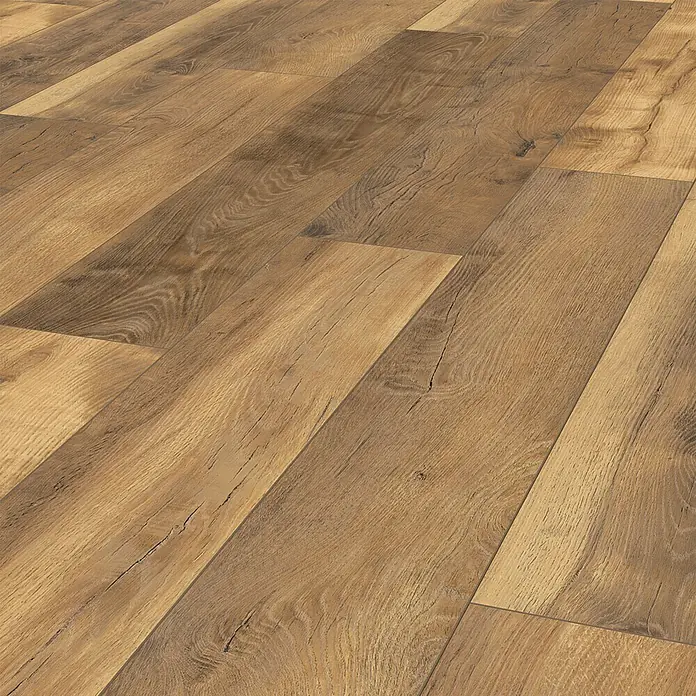 LOGOCLIC Vinto Laminat - Eiche Toledo, Landhausdiele, 1.288 x 195 x 10 mm - Ansicht von Holzboden, der ein warmes und einladendes Ambiente mit seiner Maserung und Farbe bietet.