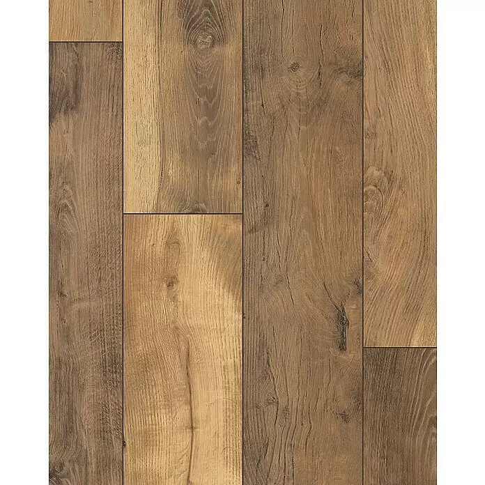 LOGOCLIC Laminatmuster Vinto Eiche Toledo - 297 x 195 x 1 mm, Landhausdiele - Rustikaler brauner Holzboden mit natürlicher Maserung.