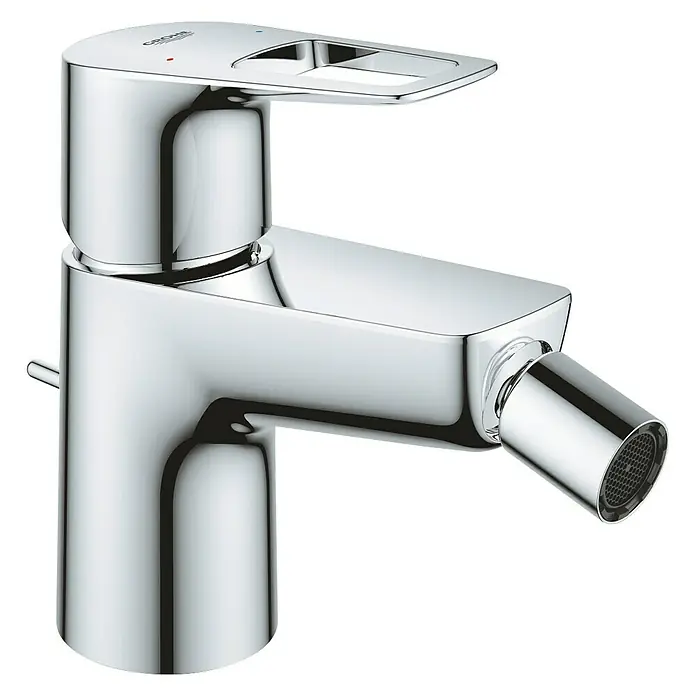 Grohe Start Loop Grifo monomando de bidé con válvula - Cromo, Brillante - Primer plano de un elegante grifo para bidé Grohe Eurocube Joy cromado con un diseño estilizado sobre un fondo negro.