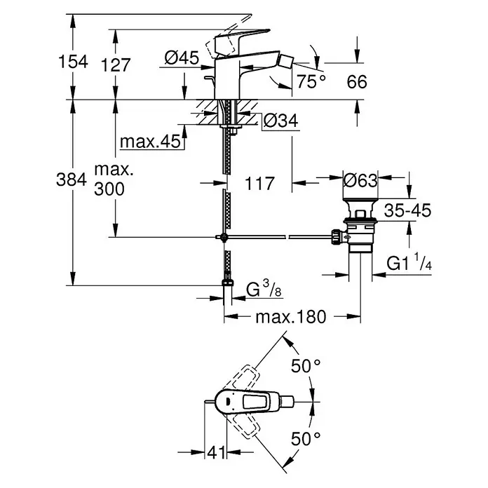 Grohe Start Loop Bidetarmatur - Chrom, Glänzend - Technische Zeichnung einer Armatur mit Bemaßungen und Winkeln zur Installation. Die Abbildung zeigt Details zu Anschlüssen und Maßen.