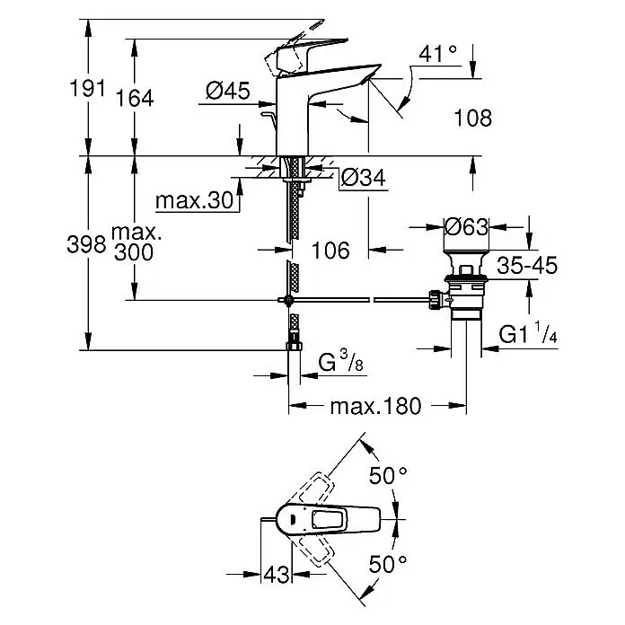 Grohe Start Loop Waschtischarmatur M-Size - Chrom, Glänzend - Skizze