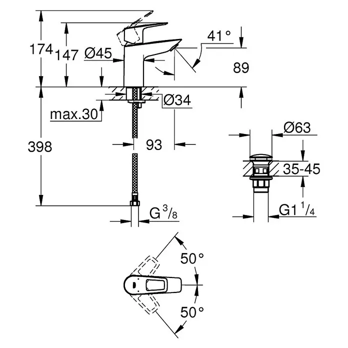 Grohe Start Loop Grifo de lavabo S - Cromo, Brillante - Dibujo esquemático de un grifo con dimensiones para la instalación y el diseño, incluyendo altura, alcance y ángulo.