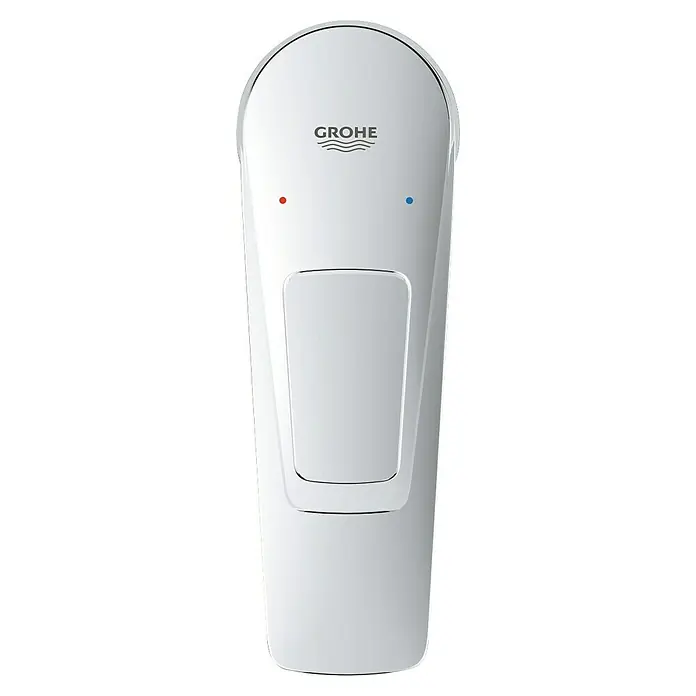 Grohe Start Loop Grifo de lavabo S - Cromo, Brillante - Primer plano de una manija de grifo Grohe con marcas rojas y azules, destacando la marca y el diseño elegante.