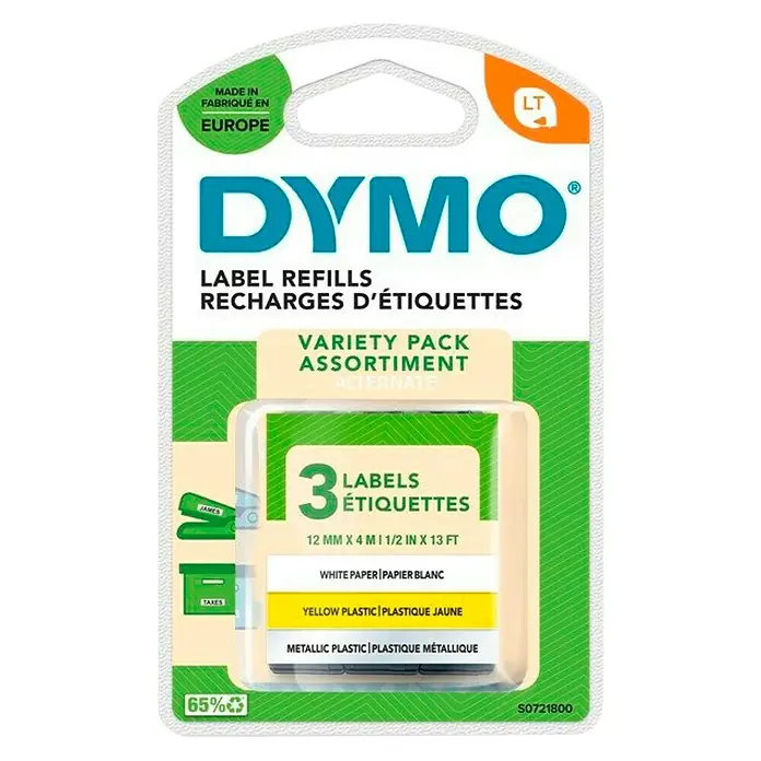 Dymo Cinta para etiquetado LetraTag - 4 m x 12 mm, Color presión: Negro, 3 ud. - DYMO Recambios de etiquetas, paquete variado de 3 rollos en colores y materiales surtidos para dispositivos LabelManager.
