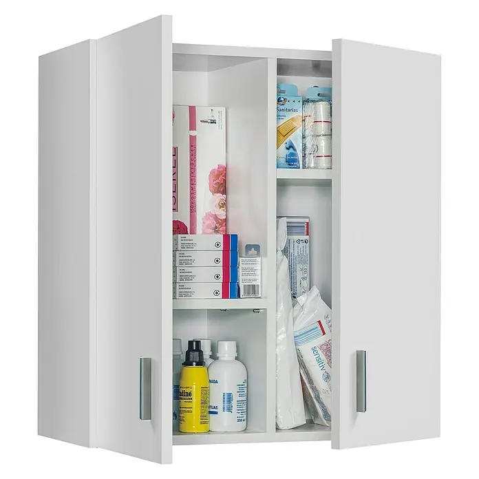 Armario multiusos de madera - L x An x Al: 27 x 59 x 60 cm, Blanco - Armario de baño con puertas abiertas y acabado blanco, lleno de varios artículos de aseo y productos de higiene.