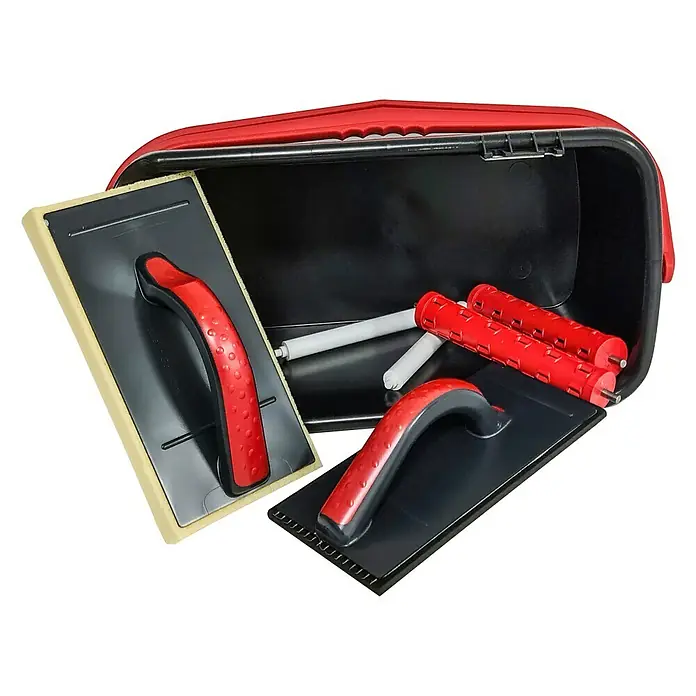 Wisent Cubeta de limpieza Profesional - 5 pzs., 22 l - Un cubo rojo con dos llanas para juntas, dos llanas de esponja y dos rodillos. El kit es ideal para rejuntar azulejos y piedras naturales.