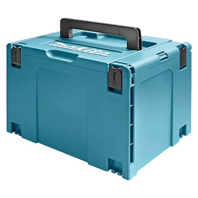 Makita Maschinenkoffer MAKPAC Gr. 4 - L x B x H: 395 x 295 x 320 mm - Der blaue Werkzeugkoffer von Makita mit schwarzem Griff bietet eine robuste Aufbewahrungslösung für Werkzeuge und Zubehör.