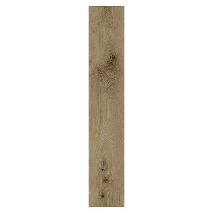 LOGOCLIC Laminado Roble Ventura - 1.200 x 196 x 10 mm, Roble Ventura, AC5 - Vista detallada de una superficie de tablón de madera marrón claro con un grano y nudos distintivos. Ideal para un diseño de interiores natural.