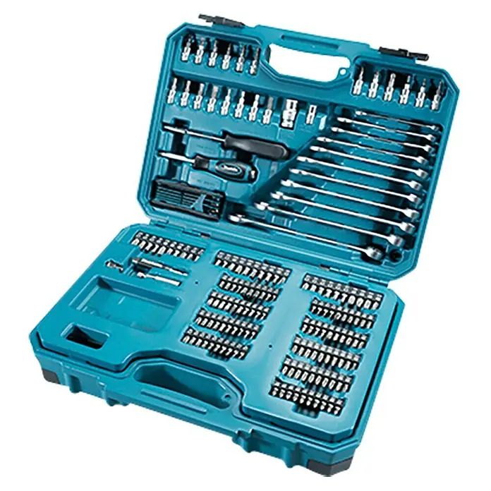 Makita Maletín de herramientas E-10883 - 221 pzs. - Maletín de herramientas azul abierto que contiene varias herramientas, llaves y puntas, proporcionando un equipo completo para aficionados al bricolaje y profesionales.