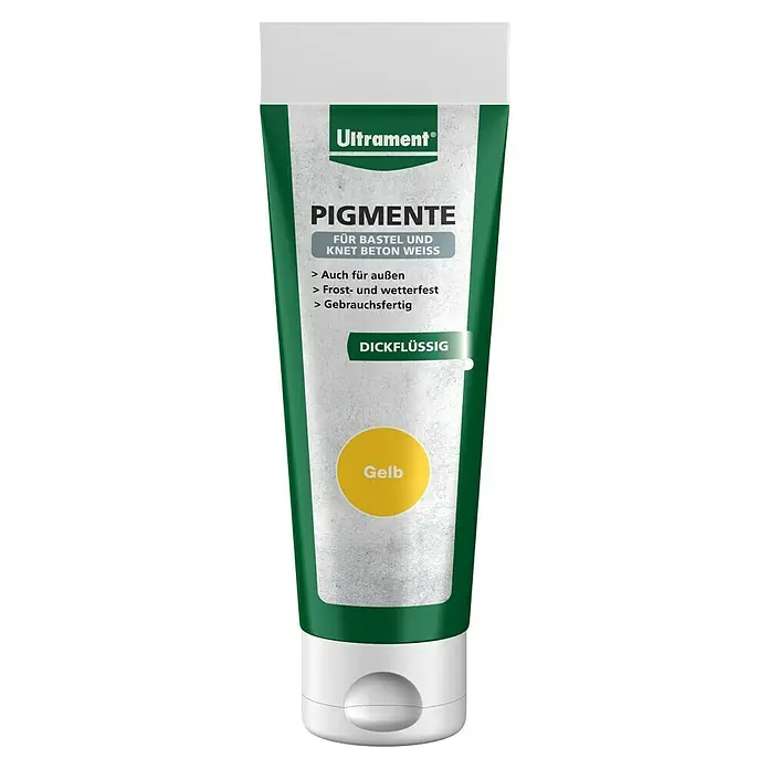 Ultrament Pigment - Gelb, 100 ml - Ultrament Pigmente Gelb: Tube mit gelbem Farbpigment für Bastel- und Knetbeton, frost- und wetterfest, gebrauchsfertig und dickflüssig für den Aussenbereich.